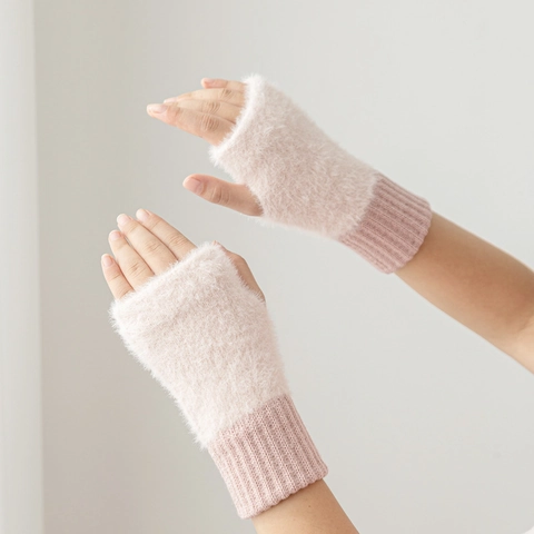 Fingerless Gloves Women Plush Knit Arm Warmers Winter Warm Ribbed Cuffs Faux Mink Fur Office Writing Mittens