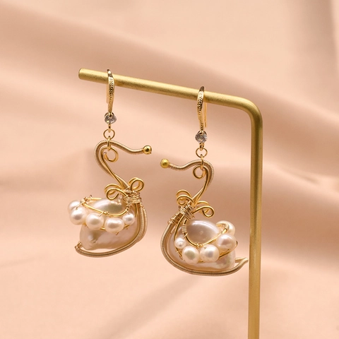 Barockperlen Ohrhänger Natürliche Süßwasserperle Handgefertigt Vergoldet Draht Umwickelt Vintage Schmuck Für Damen