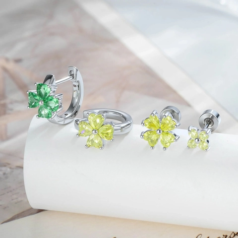 Clover Ear Cartilage Ring Piercing Stud Titanium Steel Copper Zircon Heart Flower Jewelry Silver For Men Women
