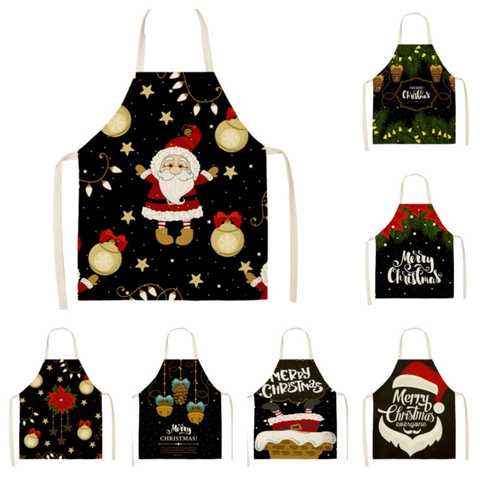 Tablier De Noël Lin Polyester Sans Manches Anti-huile Cuisine Fête Décor Dessin Animé Père Noël Renne Pour Adultes Enfants