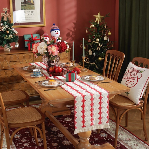Chemin De Table Noël Coton Géométrique Motif Diamant Avec Glands Décoration Salle À Manger Fête Rouge Vert Blanc Style