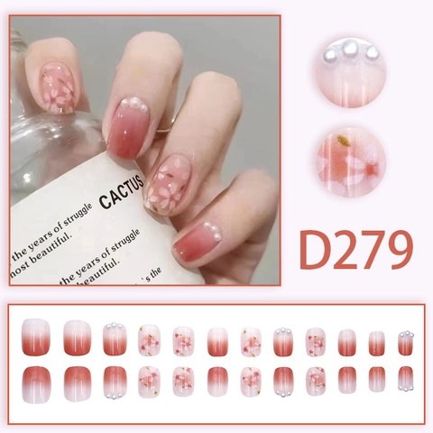 Pink Gradient Press On Nails Sakura Flower Artificial Pearl Decor Short Round Head Wearable False Nails For Women Cute Sweet