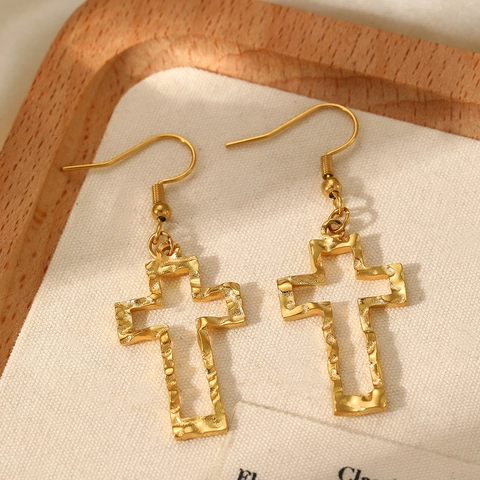 Orecchini A Pendente A Croce In Acciaio Inossidabile Vintage Texture Martellata Gioielli Geometrici Cavi Per Donne
