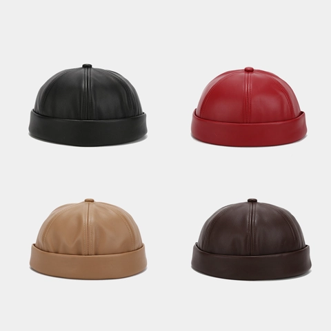 Retro PU Leather Docker Cap Brimless Hat Solid Color Adjustable Yuppie Style Unisex Fashion Skullcap