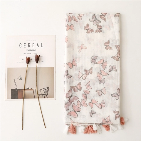 Women Butterfly Print Scarf With Gold Powder Glitter Tassels Lightweight Long Polyester Shawl Fashion Decorative Wrap