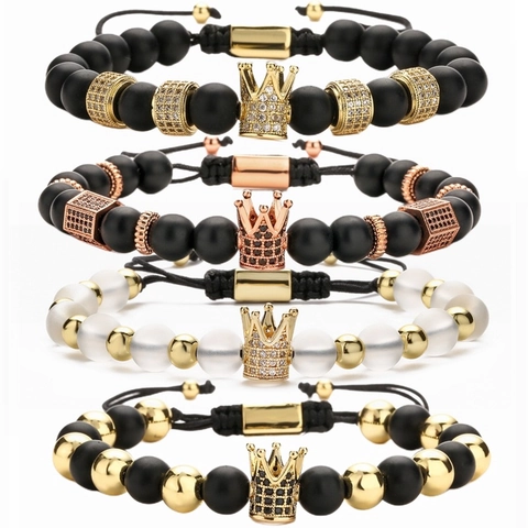 Crown Beaded Bracelet Matte Agate Stone Copper Micro Pave Cubic Zirconia Adjustable Braided Rope Fashion Jewelry Men
