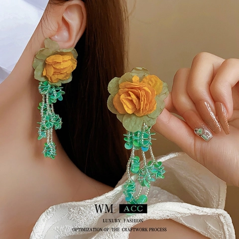 Blumen Quasten Ohrringe Stoff Samenperlen Pailletten Mit Silbernem Ohrstecker Lange Böhmische Handgefertigte Schmuck