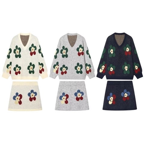 Ensemble Tricot Femme Col En V Manches Longues Pull Jacquard Fleurs Et Mini Jupe Streetwear Rétro