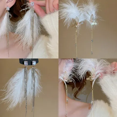 Boucles D'oreilles Longues À Pompons Avec Plumes Blanches Papillon Strass Et Tige En Argent Sterling 925 Pour Femmes