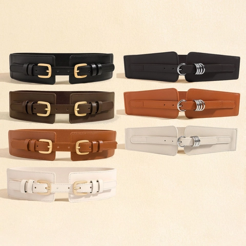 Women Wide Elastic Waist Belt PU Leather Corset Cinch Belt Double Buckle Fashion Decorative For Dresses Blazers