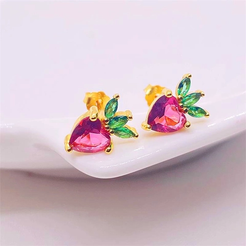 Orecchini a Bottone a Forma di Fragola in Argento Sterling 925 per Donna Carini Orecchini alla Frutta con Strass Rosa Verde Placcati in Oro Gioielli per Studenti