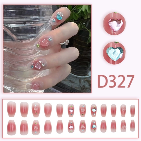 Pinker Verlauf Press On Nails Mit Herz Straßstein Lange Sargform Abnehmbare Künstliche Fingernägel