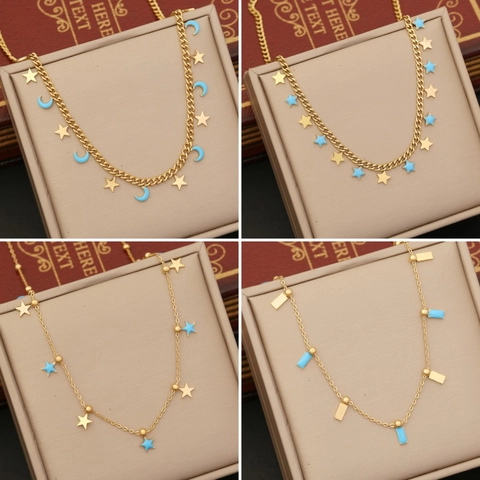 Collier Pendentif Étoile Lune Acier Inoxydable Chaîne Dorée Charmes Émail Bleu Bijoux Mode Pour Femmes Style Doux