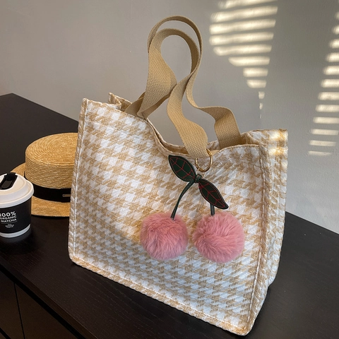 Houndstooth Tote Bag Large Capacity Canvas Fabric Vintage Casual Shoulder Handbag For Women Student With Cherry Pendant