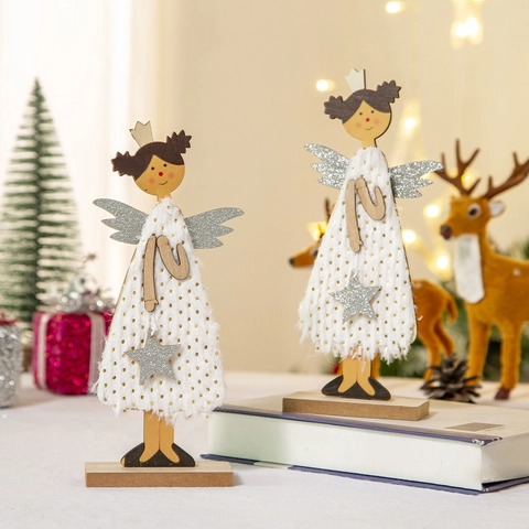 Christmas Angel Figurine Wooden Desktop Ornament Plush Polka Dot Skirt Glitter Wings DIY Holiday Decor Novelty