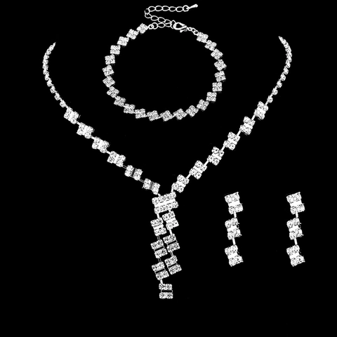 Silver Plated Rhinestone Necklace Earrings Bracelet Elegant Y-Shaped Square Zircon Bridal Wedding Banquet Jewelry