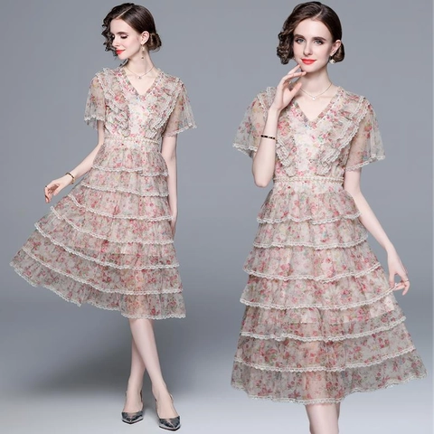 Elegant V Neck Floral Print Tiered Midi Dress With Mesh Ruffle Sleeves And Artificial Pearl Beaded Waist For Women Summer