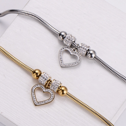 Bracciale A Catena Di Serpente Con Pendente A Cuore Cavo Acciaio Inossidabile 316L Strass Incastonato Chiusura Magnetica Gioielli Eleganti Donne