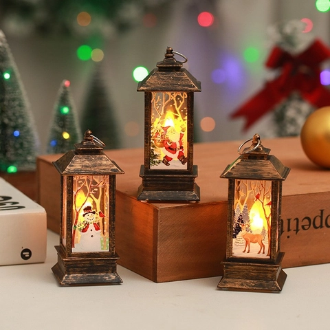Christmas Lantern LED Night Light Plastic Retro Hanging Candle Lamp Party Decor Santa Snowman Reindeer Ornament