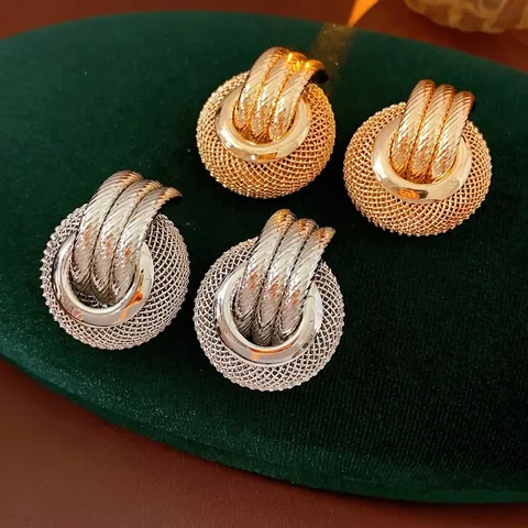 Retro Klobige Hohl Runde Gewebte Mesh Ohrringe Für Frauen Modischer Geometrischer Eisen Schmuck Mit Silbernem Ohrstecker