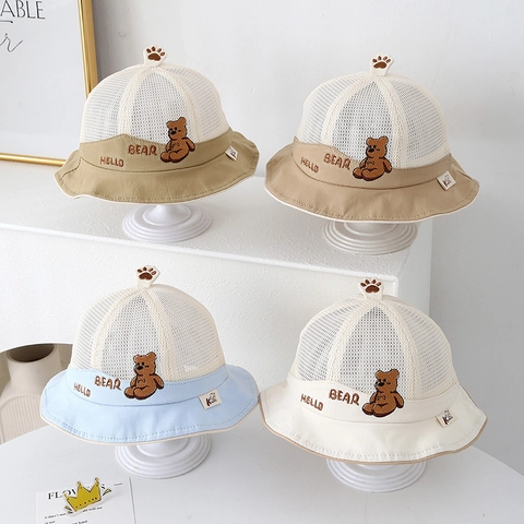 Cappello Da Sole Per Neonati Traspirante In Rete Cappello Da Pescatore Con Ricamo Orsetto E Cinturino Antivento