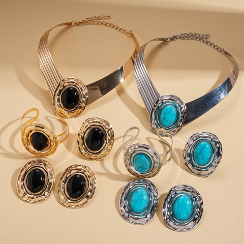 Gioielli Bohemien Lega Acrilico Ovale Collana Orecchini Bracciale Anello Esagerato Vintage Stile Donne