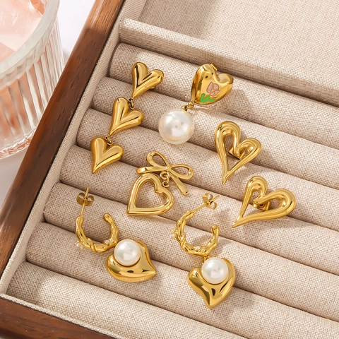 Orecchini Cuore Fiocco Acciaio Inossidabile Placcato Oro 18K Perla Artificial Smalto Nappa Pendenti Per Donna Gioielli