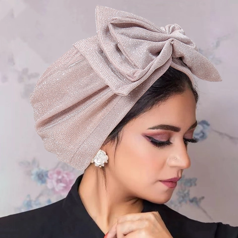 Turbante Con Purpurina Para Mujer Lazo Grande Brillante Metálico Gorro Plisado Moda Accesorios Cabello Elegante Fiesta
