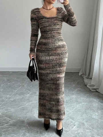 Shaggy Knit Striped Maxi Dress Long Sleeve Round Neck Slim Fit Elegant Autumn Winter Split Back For Women