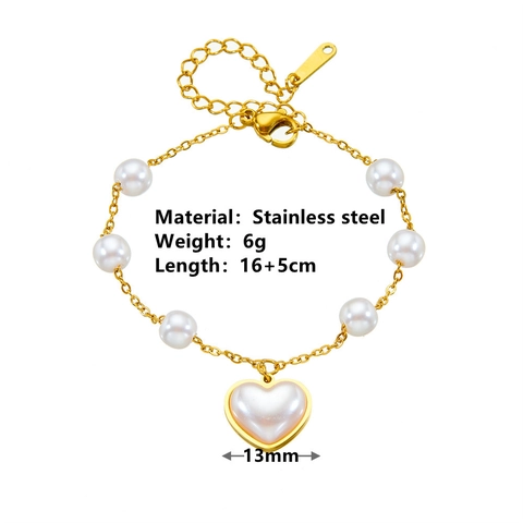 Elegant Faux Artificial Pearl Bracelet Gold Plated Stainless Steel Heart Butterfly Clover Shell Charms Adjustable Women Fashion Jewelry
