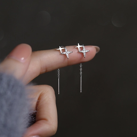 S925 Sterling Zilveren Vierzuntige Ster Oordraad Oorbellen Voor Dames Minimalistische Strass Ster Drop Sieraden Cadeaus