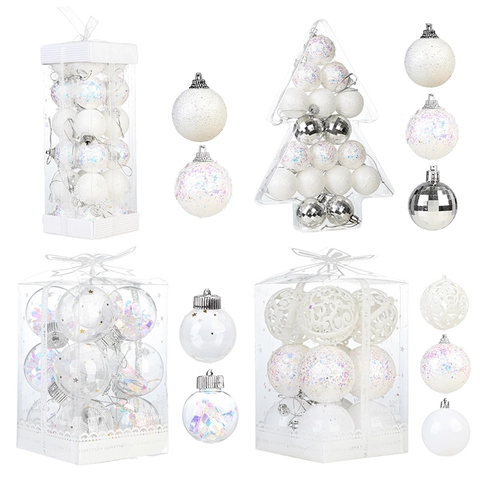 White Iridescent Christmas Ball Ornaments Plastic Shatterproof Hollow Glitter Decorative Hanging Baubles For Holiday Tree