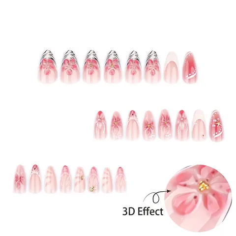 3D Reliëf Bloem Press On Nagels Roze Gradiënt Amandelvorm Handgemaakte Kunstnagels Met Kunstparels Zeester Decor