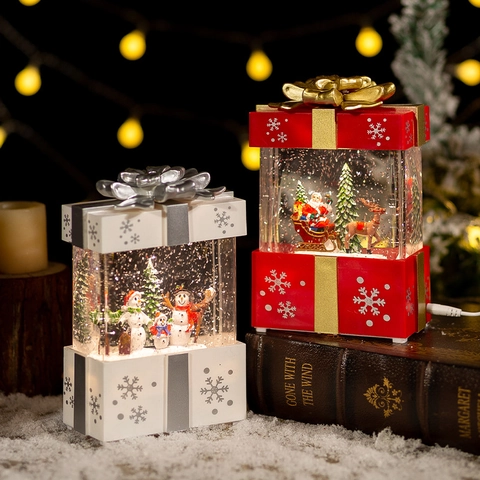 Christmas Snow Globe Gift Box LED Water Lantern Music Box Santa Snowman Glitter Swirl USB Battery Powered Holiday Decor