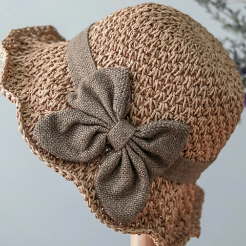 Chapeau De Paille Soleil Femmes Papier Tissé À La Main Pliable Ajustable Large Bord Nœud Été Plage Vacances Rétro Élégant