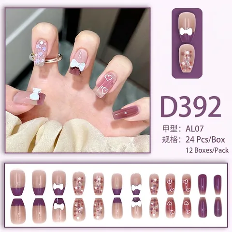 Purple Gradient Press On Nails White Bow Floral Heart Pattern French Tip Reusable Full Cover Artificial Nails For Women