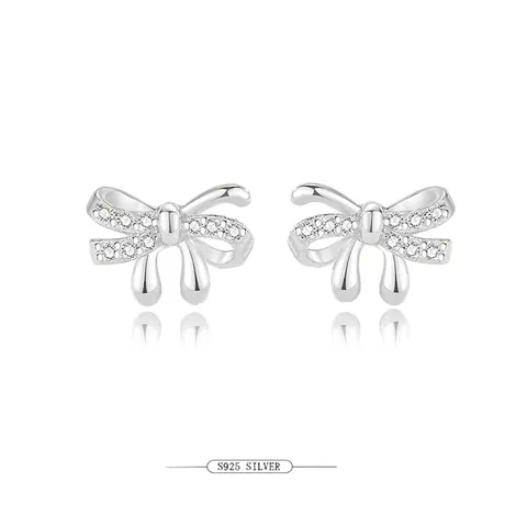 Elegantes Pendientes de Botón con Lazo de Plata de Ley 925 con Circonita Brillante Joyería Dulce Minimalista Coreana Regalo Mujer