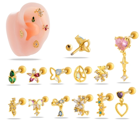 Papillon Fleur Cœur Zircone Cuivre Acier Inoxydable Piercing Cartilage Helix Boucles D'oreilles Bijoux