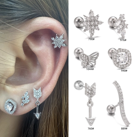 Fashion Copper Zirconia Stud Earrings For Women Butterfly Geometric Cartilage Piercing Jewelry With Stainless Steel Post
