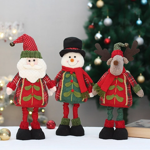 Christmas Plush Figurines Santa Claus Snowman Reindeer With Retractable Legs Telescopic Holiday Decor Home Window Plaid