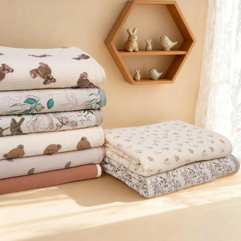 Baby Muslin Swaddle Blanket Multilayer Pure Cotton Soft Breathable Cartoon Bear Floral Newborn Receiving Wrap Stroller Cover