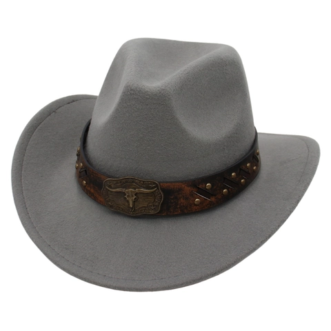 Vintage Western Cowboy Hat Cotton Felt Wide Brim With Bull Head Metal Buckle And Rivet Decor For Men And Women