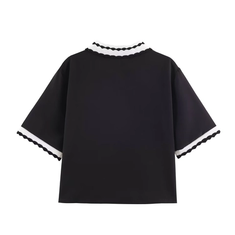 Polo Da Donna A Maniche Corte Colletto A Smerlo Colore A Contrasto Nero Bianco Top Estivo Casual In Poliestere