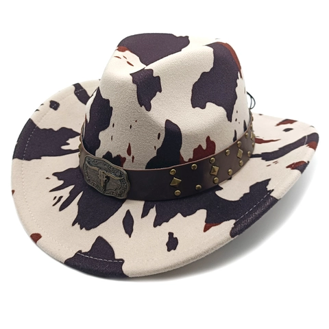 Cappello Da Cowboy Occidentale Feltro Poliestere Stampa Mucca Leopardo Fibbia Testa Toro Borchie Tesa Larga Moda Retro