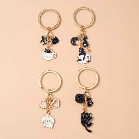 Portachiavi Animali Carini Gatto Cane Lega Zinco Smalto Luna Cuore Tazza Campanello Ciondoli Kawaii Decorazione Borsa