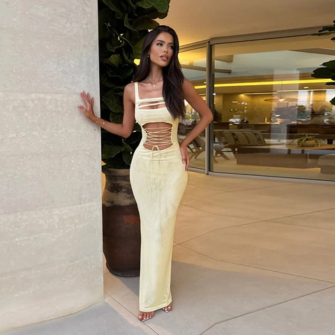 Sleeveless Sexy Bodycon Maxi Dress Solid Color Hollow Out Lace Up Polyester Long Dress For Women Summer Vacation Party