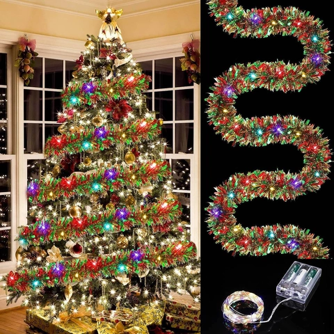 Christmas Tinsel Garland With LED String Lights Battery Operated Metallic Foil For Tree Decoration Party Backdrop Festive Ornaments