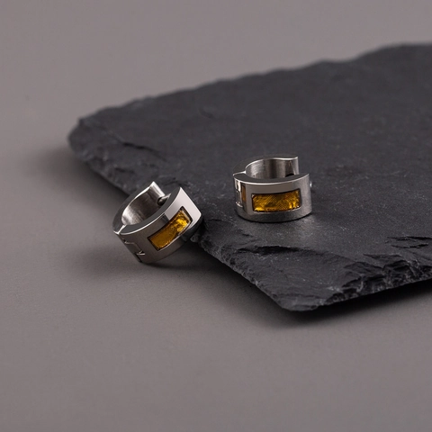Stainless Steel Hoop Earrings Geometric Yellow Amber Pattern Inlay Hip Hop Trendy Punk Ear Buckles Jewelry For Men Women