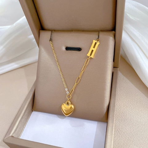 Collar Colgante Acero Titanio Corazón Y Letra H Cadena Mixta Asimétrica Joyería Minimalista Para Mujer