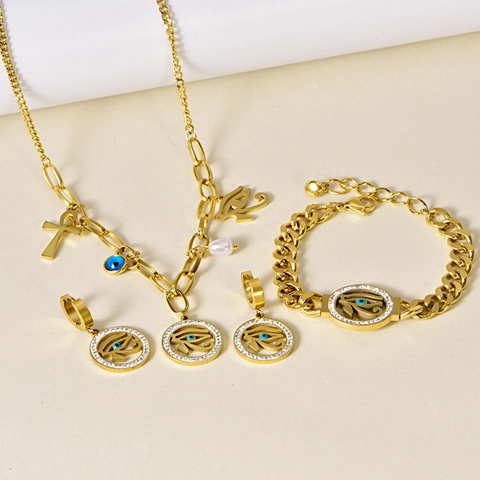 Ensemble Bijoux Hip Hop Mauvais Œil Acier au Titane Plaqué Or Œil d'Horus Croix Ankh Collier Bracelet Boucles d'Oreilles Femme